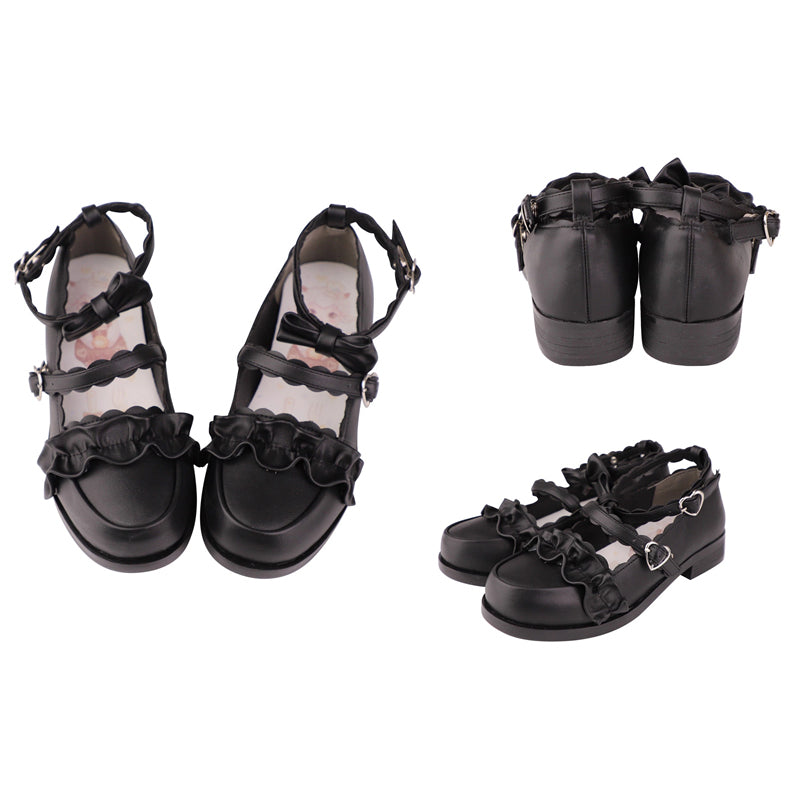 Sweet Ruffle Bowknot Japanese Lolita Shoes 15 Colors - Black - 23