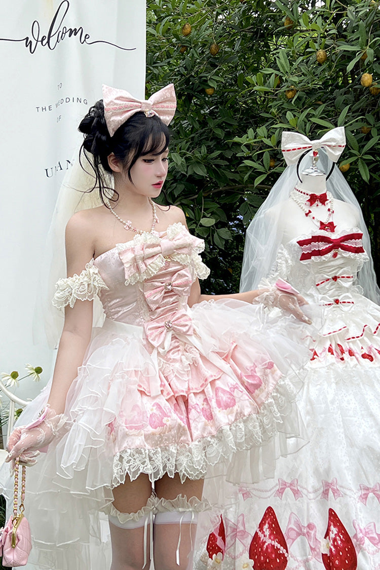 Pink [True Love Strawberry] Print Off Shoulder Sleeveless Ruffle Bowknot Lace Sweet Princess Lolita Dress Set - Product - 5