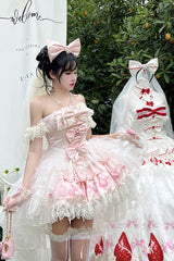 Pink [True Love Strawberry] Print Off Shoulder Sleeveless Ruffle Bowknot Lace Sweet Princess Lolita Dress Set - Product - 5
