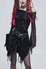 Black Gothic Off-The-Shoulder Graphic-Print Asymmetric Design Splicing Mesh Women's Dress - Black - 1