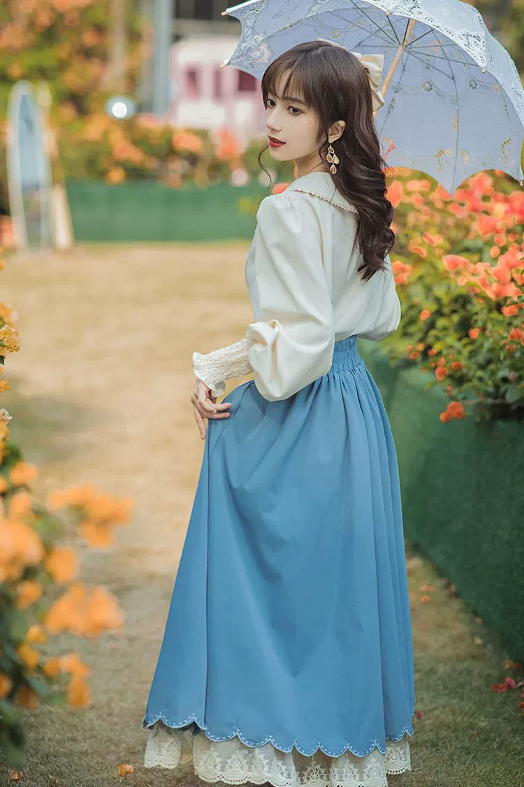 Blue Lapel Collar Long Sleeves High Waisted Lace-Up Wave Hem Classic Lolita Two-Piece Skirt Set - Product - 2