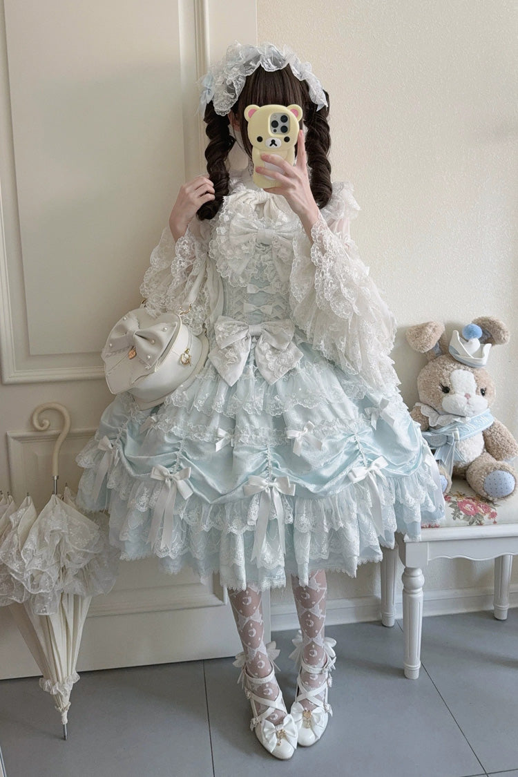 Blue [Silk Satin Gift Box] Square Collar Sleeveless Multi-Layered Ruffled Bow Lace Sweet Lolita Jsk Dress - Blue - 1
