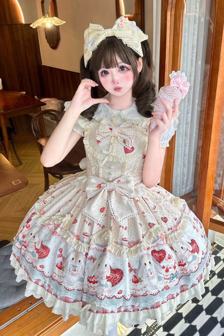 イエロー [Cute Rabbit Party] ノースリーブ 二層 プリント フリル リボン スウィートロリータ ジャンパースカート（JSK） 商品画像