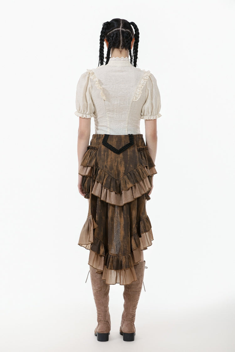 White Victorian Vintage Stand Collar Ruffled Short Puff Sleeves Classic Lolita Blouse - Product - 4