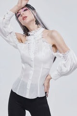 White Gothic Off-The-Shoulder Halter Lace Ruffled Lantern Sleeves Women's Shirt - Product - 4