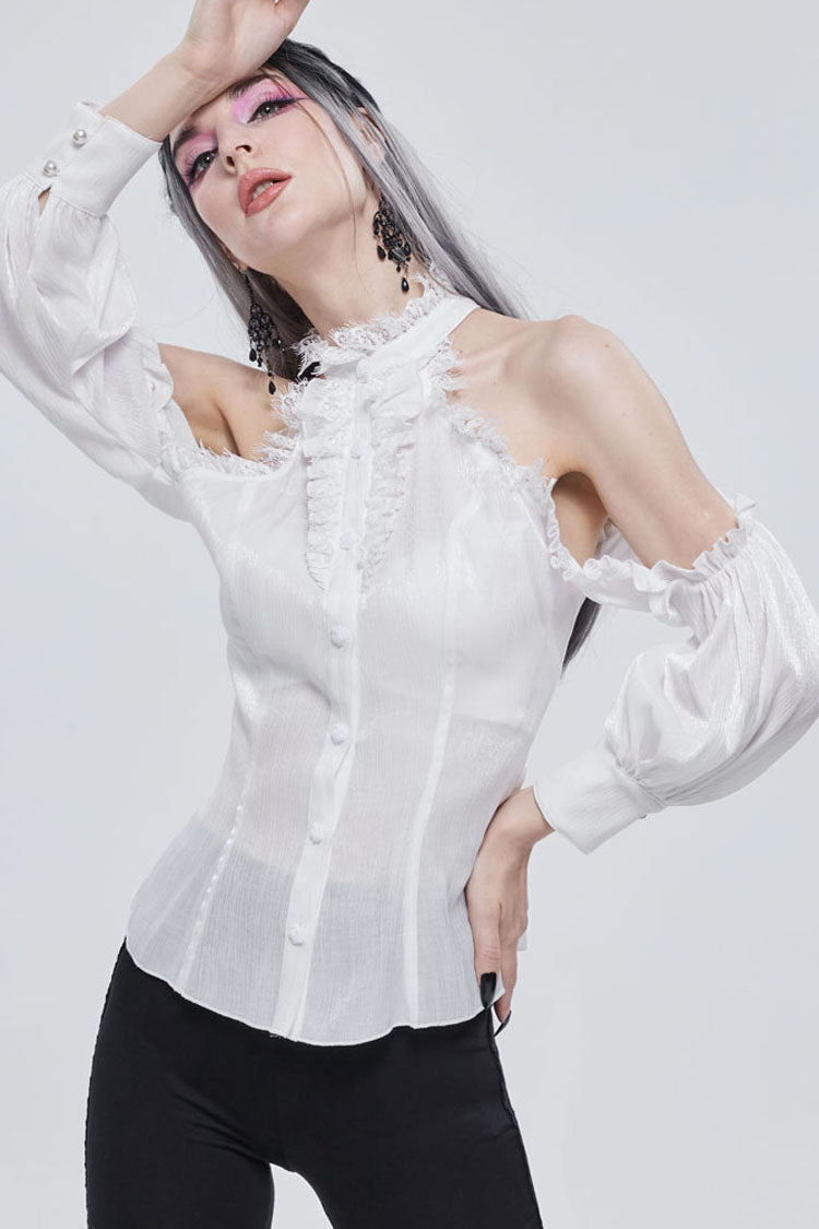 White Gothic Off-The-Shoulder Halter Lace Ruffled Lantern Sleeves Women's Shirt - Product - 4