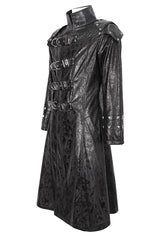 Black Stand Collar Multi Buckle Faux Long Leather Men's Punk Coat - Product - 9