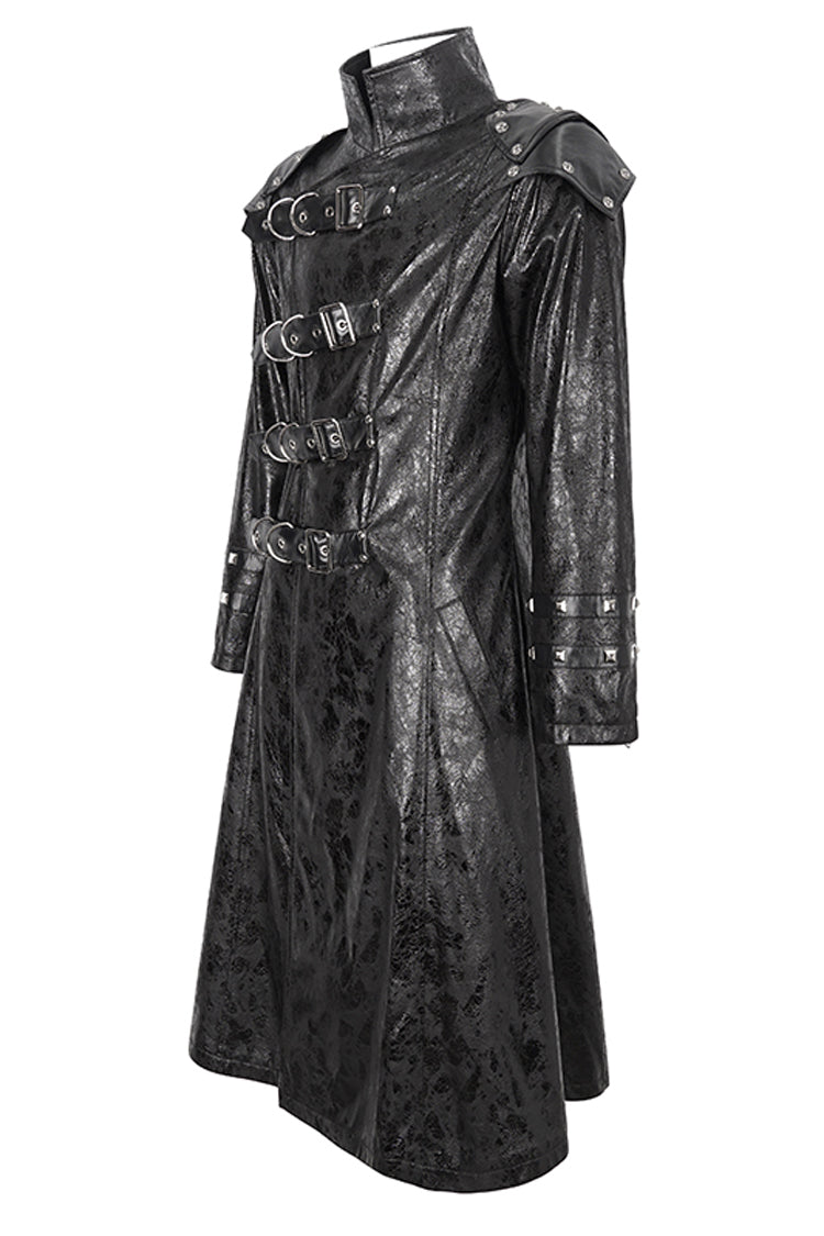 Black Stand Collar Multi Buckle Faux Long Leather Men's Punk Coat - Product - 9