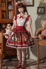 Red [Rabbit and Bear Feast] Print Ruffle Bowknot Sweet Lolita Skirt - Red - 1