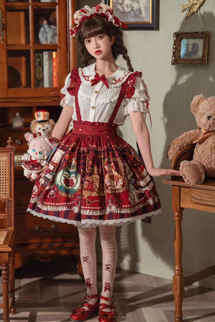 Red [Rabbit and Bear Feast] Print Ruffle Bowknot Sweet Lolita Skirt - Red - 1