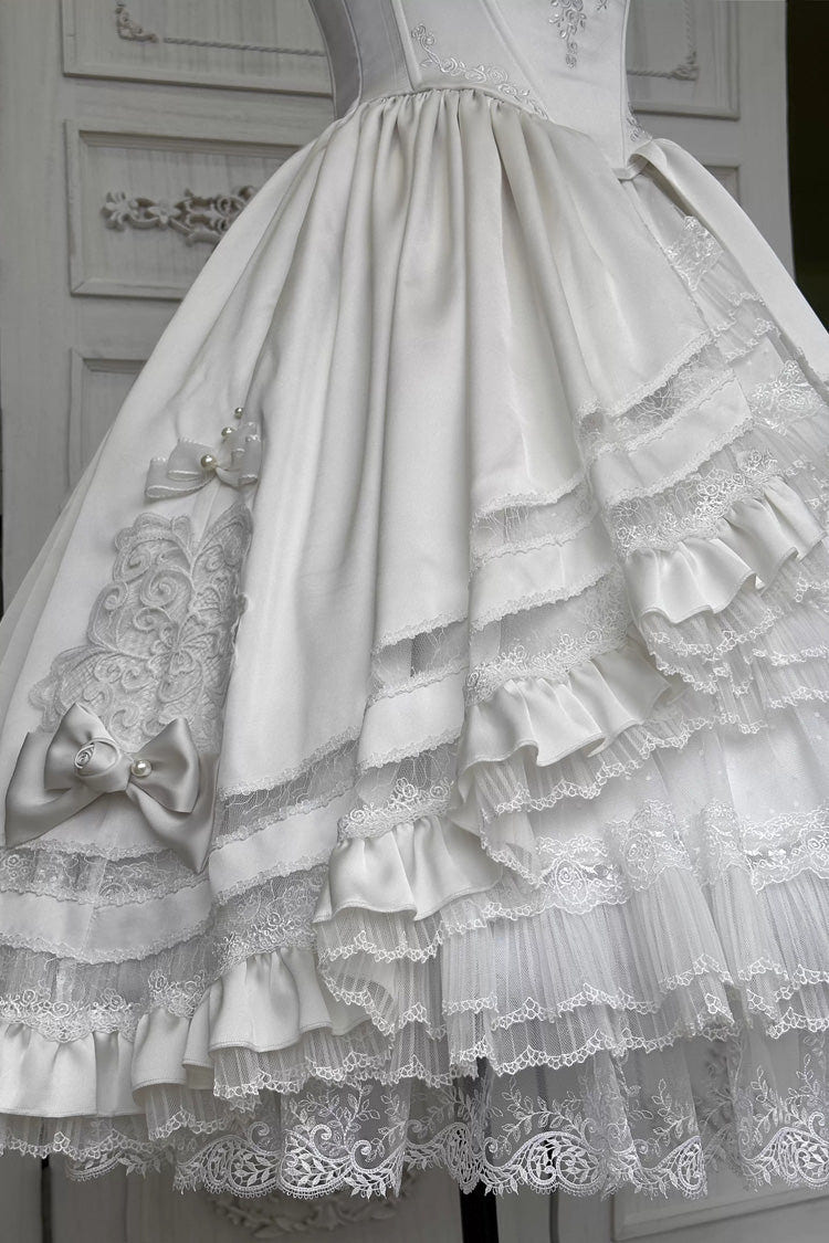 White [Promise of the Rose] Multi-Layered Ruffled Hanayome Open-Front Bow Sweet Gorgeous Lolita Jsk Dress Set - Product - 9