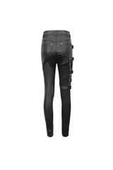 Black Tight Leather Multi Buckle Splice Women's Punk Pants - Product - 10