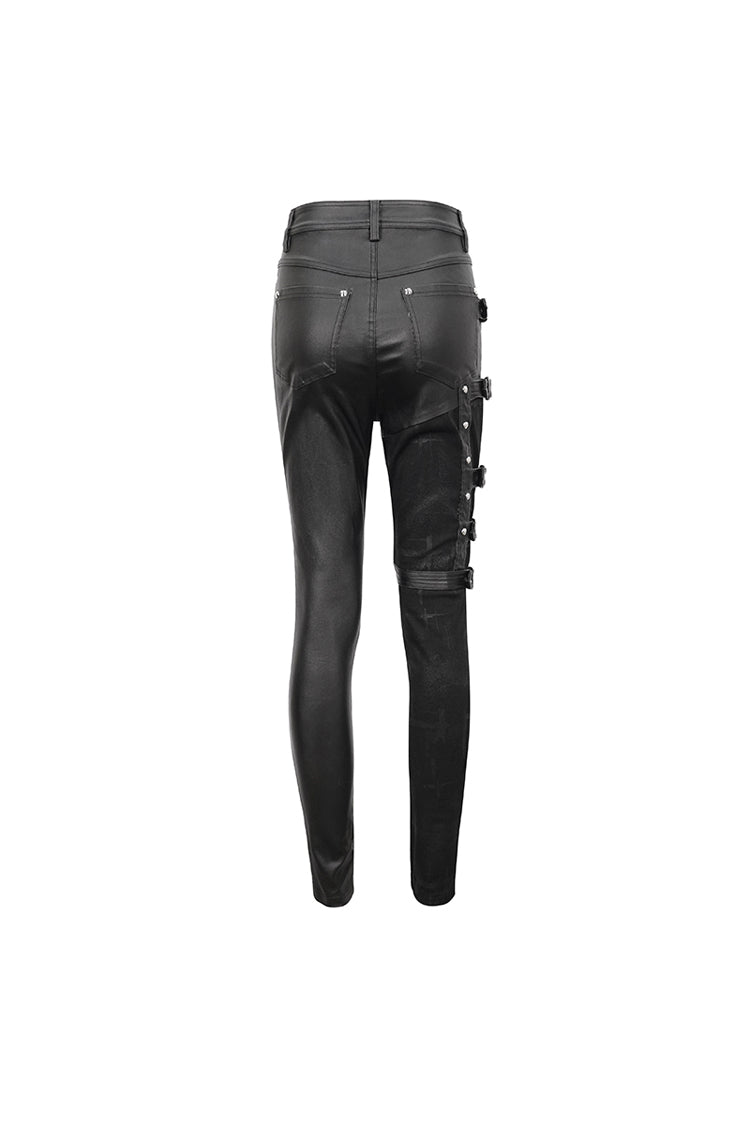 Black Tight Leather Multi Buckle Splice Women's Punk Pants - Product - 10