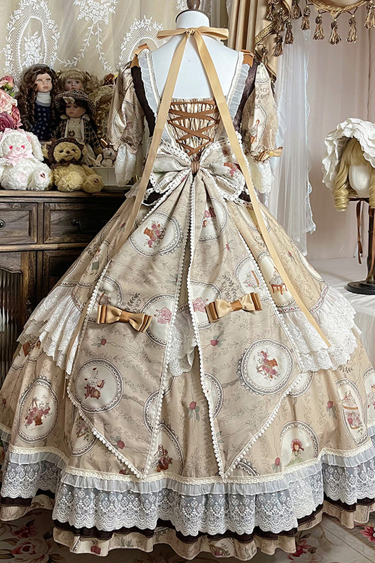 Brown [Baker Street Tea Party] Short Sleeves High Waisted Print Ruffle Embroidery Cardigan Bowknot Lace-Up Classic Vintage Princess Lolita Dress - Product - 4