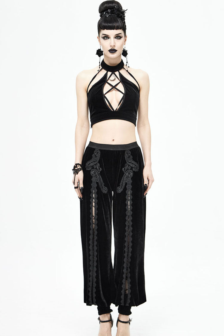 Black Gothic Front Decals Split Splice Mesh Velvet Women's Pants - Product - 6