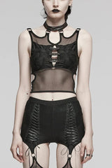 Black Sleeveless Hollow Stitching Mesh Cutout Ring Womens Steampunk Vest - Black - 1