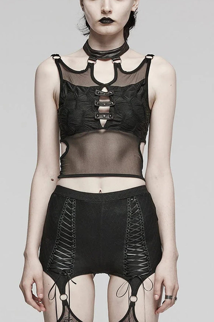 Black Sleeveless Hollow Stitching Mesh Cutout Ring Womens Steampunk Vest - Black - 1