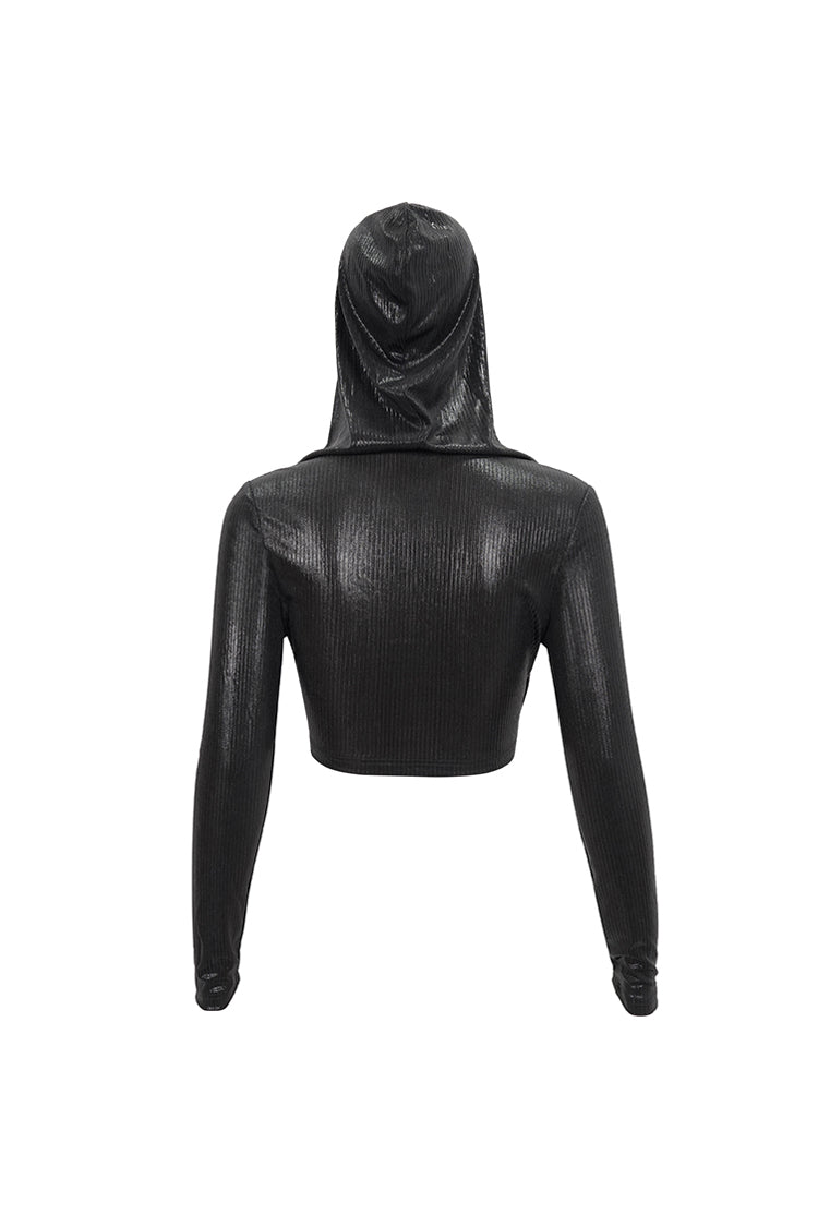 Black Shiny Vertical Grain Texture Tied Rope Decoration Hooded Short Women's Punk T-Shirt - Product - 8