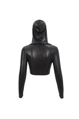 Black Shiny Vertical Grain Texture Tied Rope Decoration Hooded Short Women's Punk T-Shirt - Product - 8