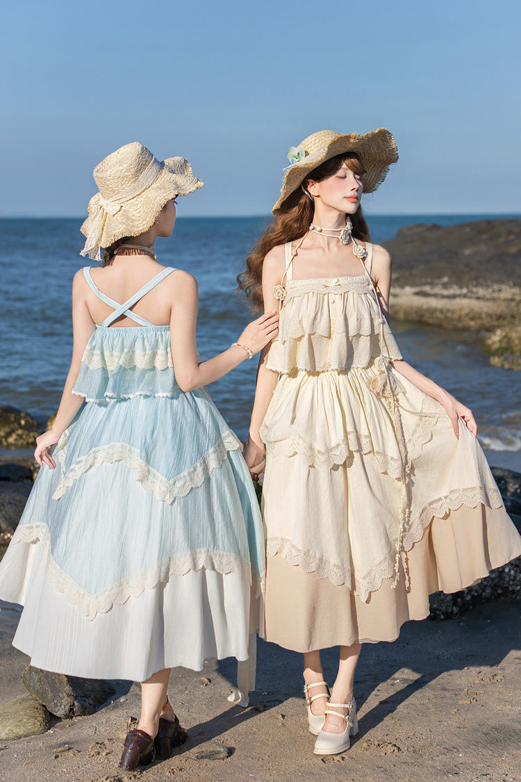 [Summer of Bluebells] Square Collar Sleeveless Jacquard Ruffled Asymmetric Sweet Lolita Skirt Set 2 Colors (Blue/Green, Ivory) - Product - 9