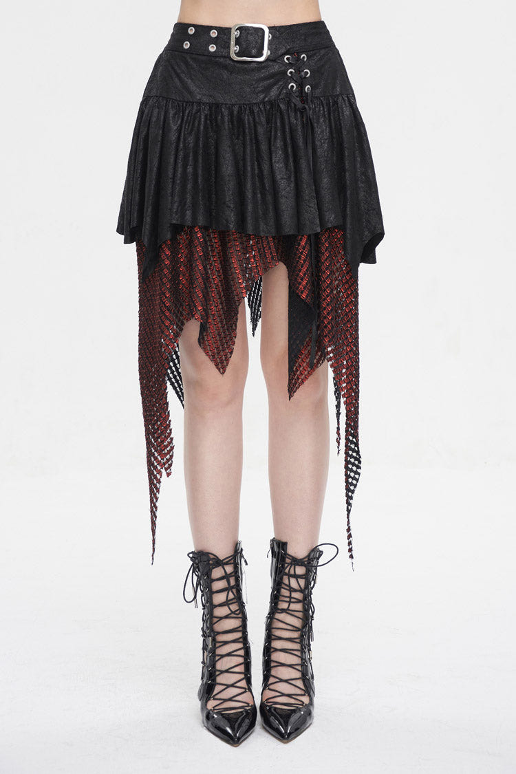 Red/Black Lrregular Mesh Splice Buckle Women's Gothic Skirt - Red/Black - 1