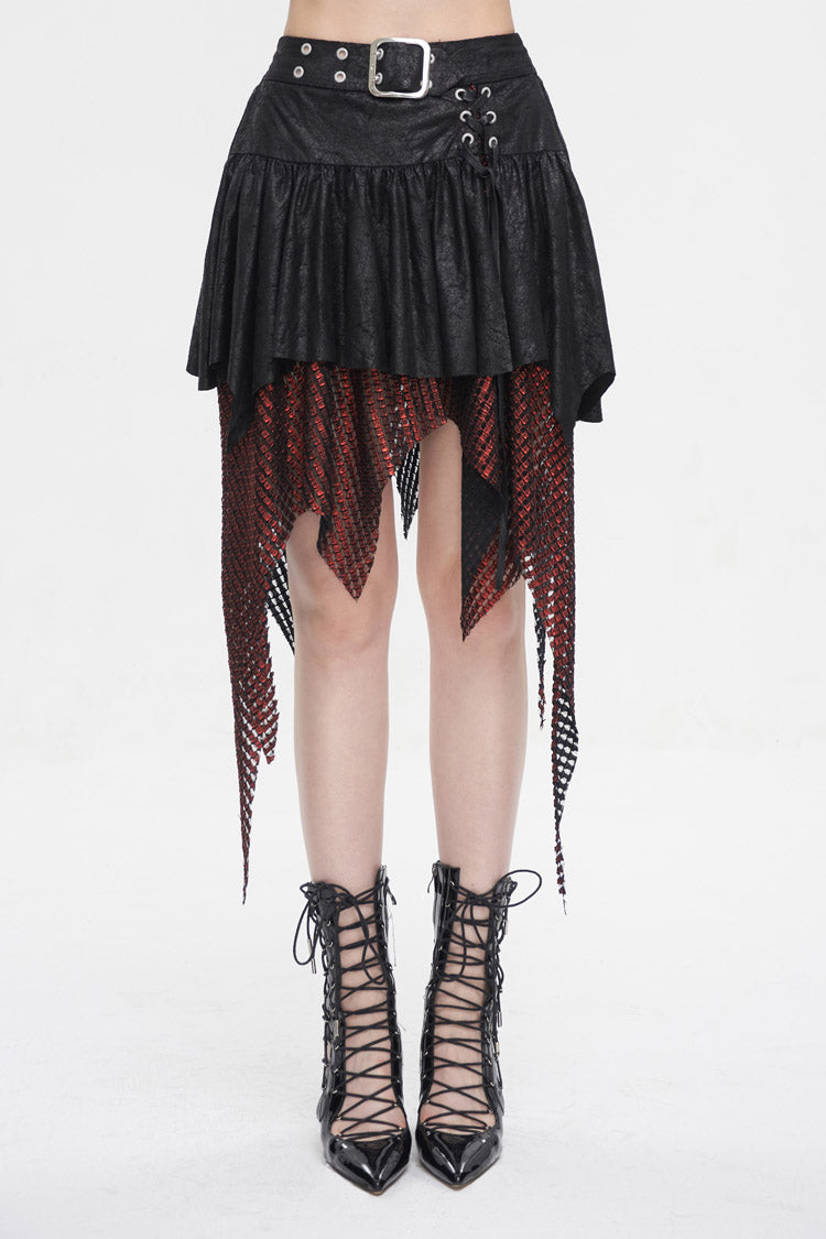 Red/Black Lrregular Mesh Splice Buckle Women's Gothic Skirt - Red/Black - 1