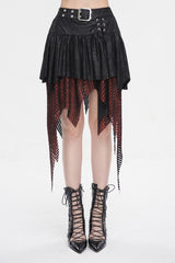 Red/Black Lrregular Mesh Splice Buckle Women's Gothic Skirt - Red/Black - 1