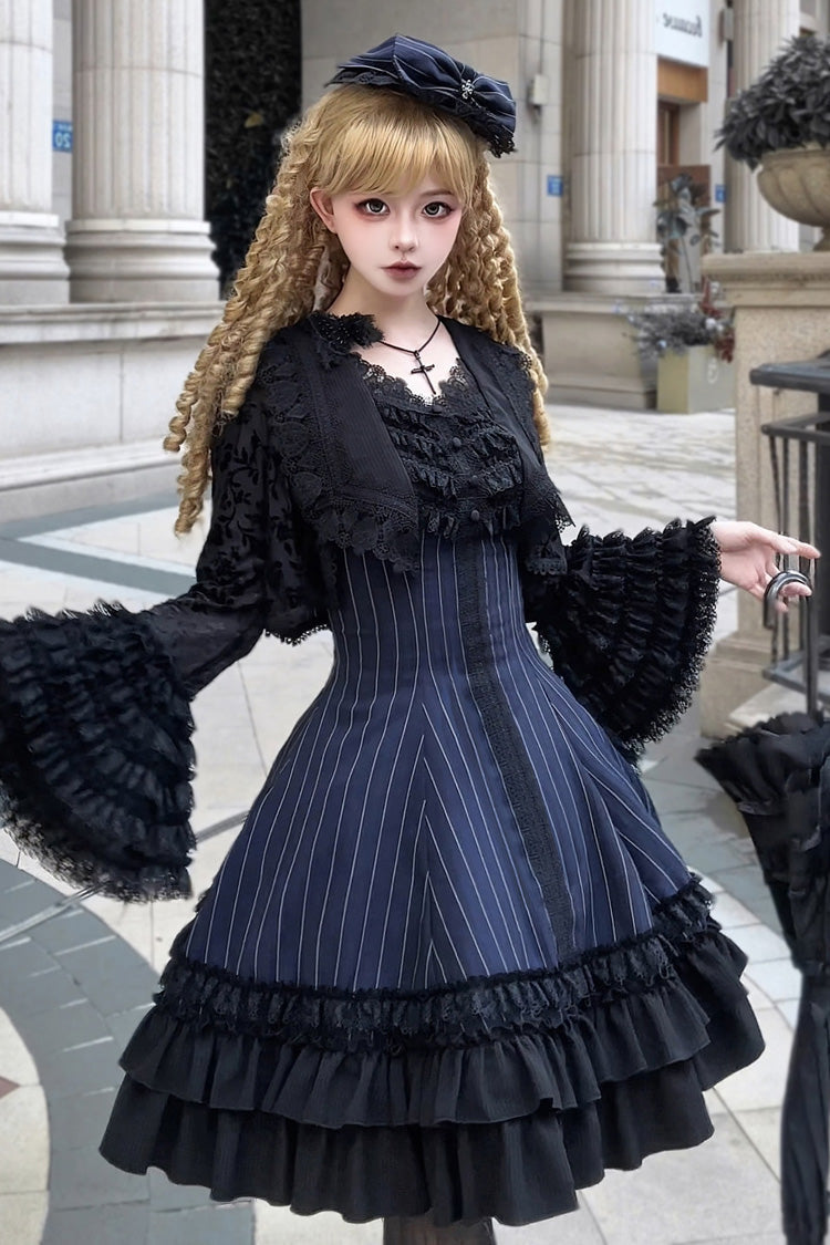 [Escape] Double-Layered Jacquard Striped Printed Ruffled Slim Gothic Lolita Jumper Dress 3 Colors - Product - 10