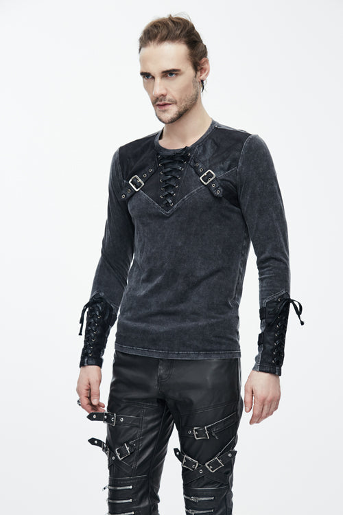 Black Faded Long Sleeves Lace Up Mens Punk T-Shirt - Product - 3