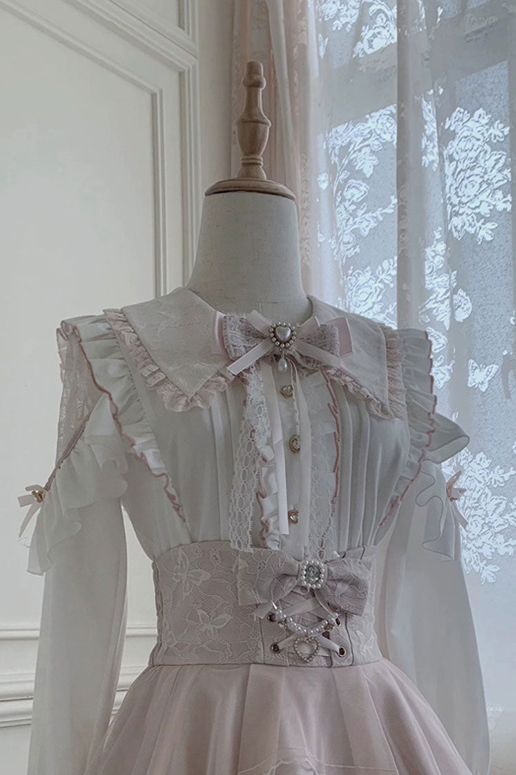 White/Pink [Dreamy Love Ballad] Lapel Collar Long Sleeves Double-Layered Ruffled Cut-Out Bow Gothic Japanese Jirai Kei Skirt Set - White/Pink-Top(Only) - 11
