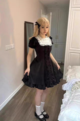 Black Annie's Gift Short Sleeves Bowknot Short Version Sweet Lolita Dress (Plus Size Support) - Product - 2