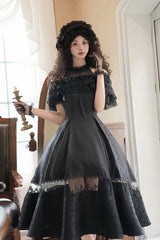 Black [Flowers in the Mist] Off Shoulder Halterneck Print Ruffle Gothic Elegant Lolita Dress - Product - 3
