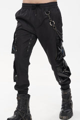 Black Punk Multi Pocket Splicing Illusory Color Removable Metal Left Chain Design Cargo Men's Pants - Product - 7