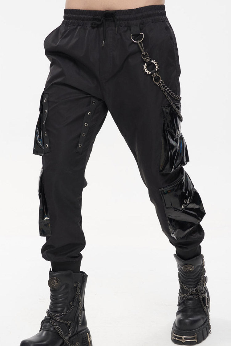 Black Punk Multi Pocket Splicing Illusory Color Removable Metal Left Chain Design Cargo Men's Pants - Product - 7