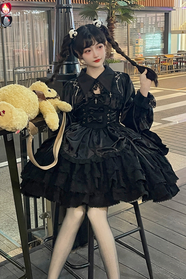Black [Cross of Merit] Multi-Layered Bowknot Lace Gothic Lolita Jsk Dress - Product - 7