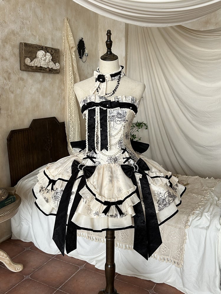 Elegant Classic Lolita Jumper Skirt with Pearl Embellishments and Lace Details 商品画像