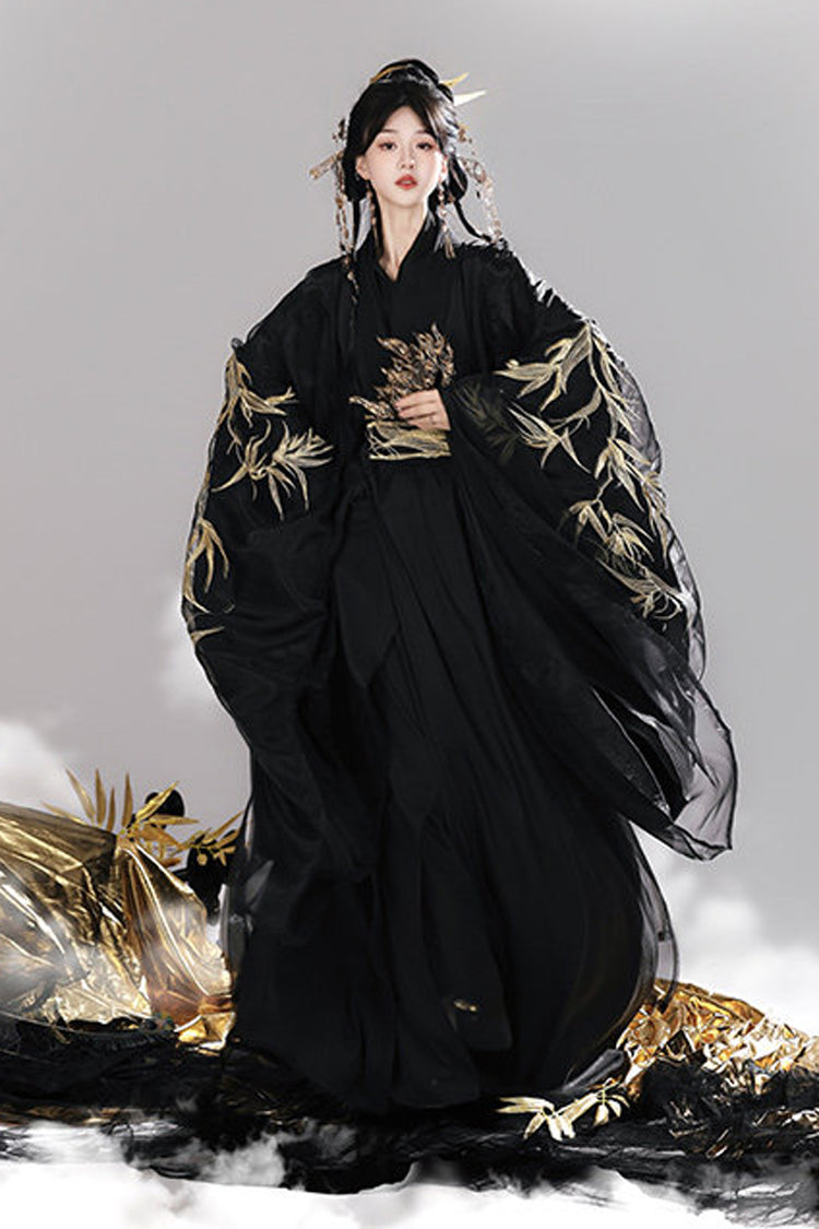 Black [Bamboo Leaves] V Collar Trumpet Sleeves High Waisted Embroidered Women's Classic Hanfu Dress Set - Black - 1