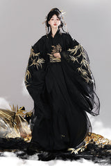 Black [Bamboo Leaves] V Collar Trumpet Sleeves High Waisted Embroidered Women's Classic Hanfu Dress Set - Black - 1