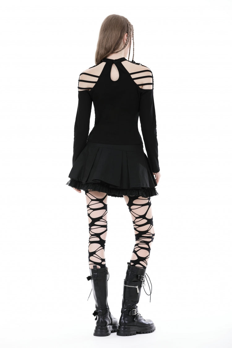 Black Off Shoulder Long Sleeves Cut-Out Buckled Women's Punk Blouse - Product - 4