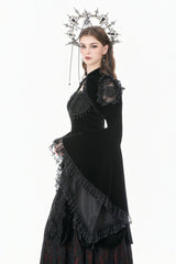 Black Ruffled Lace Long Trumpet Sleeves Floral Sheer Mesh Spliced Velvet Women's Gothic Cape - Product - 5
