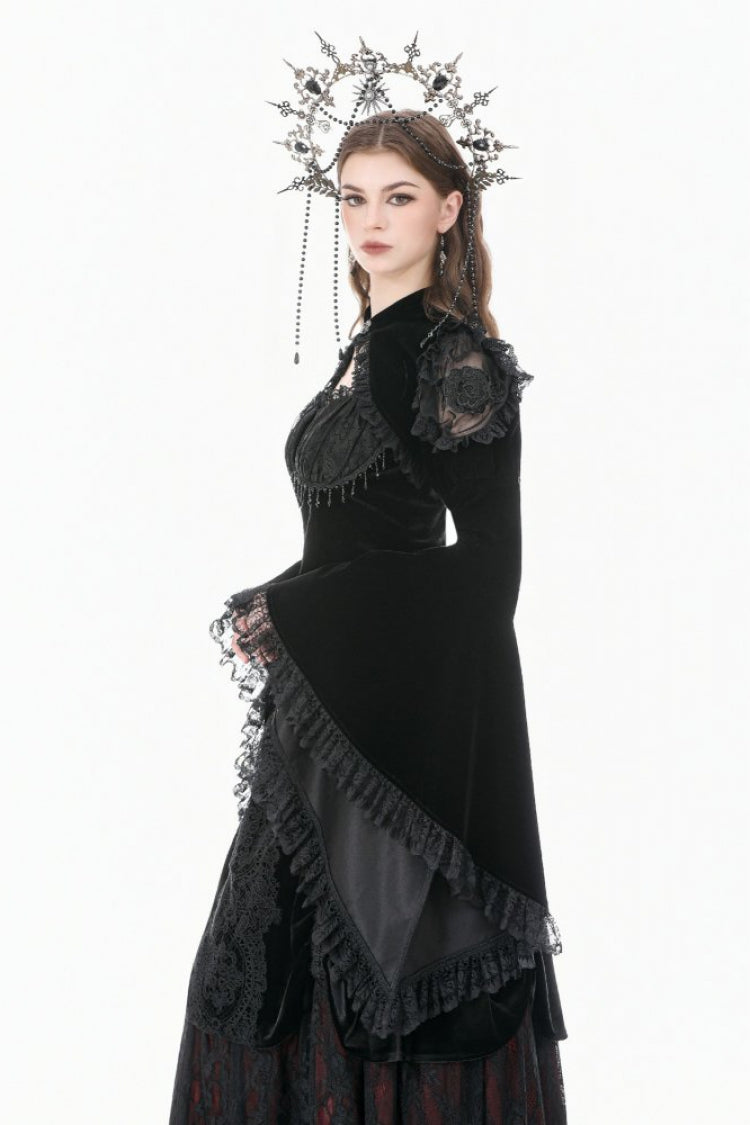 Black Ruffled Lace Long Trumpet Sleeves Floral Sheer Mesh Spliced Velvet Women's Gothic Cape - Product - 5
