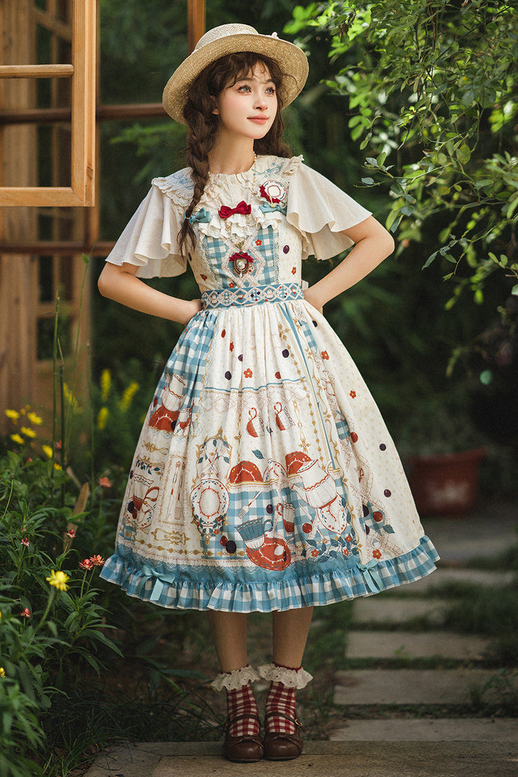 Blue/Green [Tea Party] Print Ruffle Bowknot Lace Sweet Elegant Lolita Jsk Dress - Blue/Green - 1