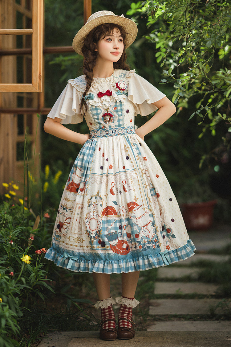Blue/Green [Tea Party] Print Ruffle Bowknot Lace Sweet Elegant Lolita Jsk Dress - Blue/Green - 1