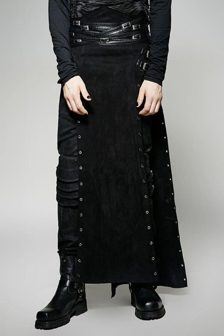 Black Metal Buckle PU Leather Buckle Lace-Up Men's Steampunk Skirt - Black - 1