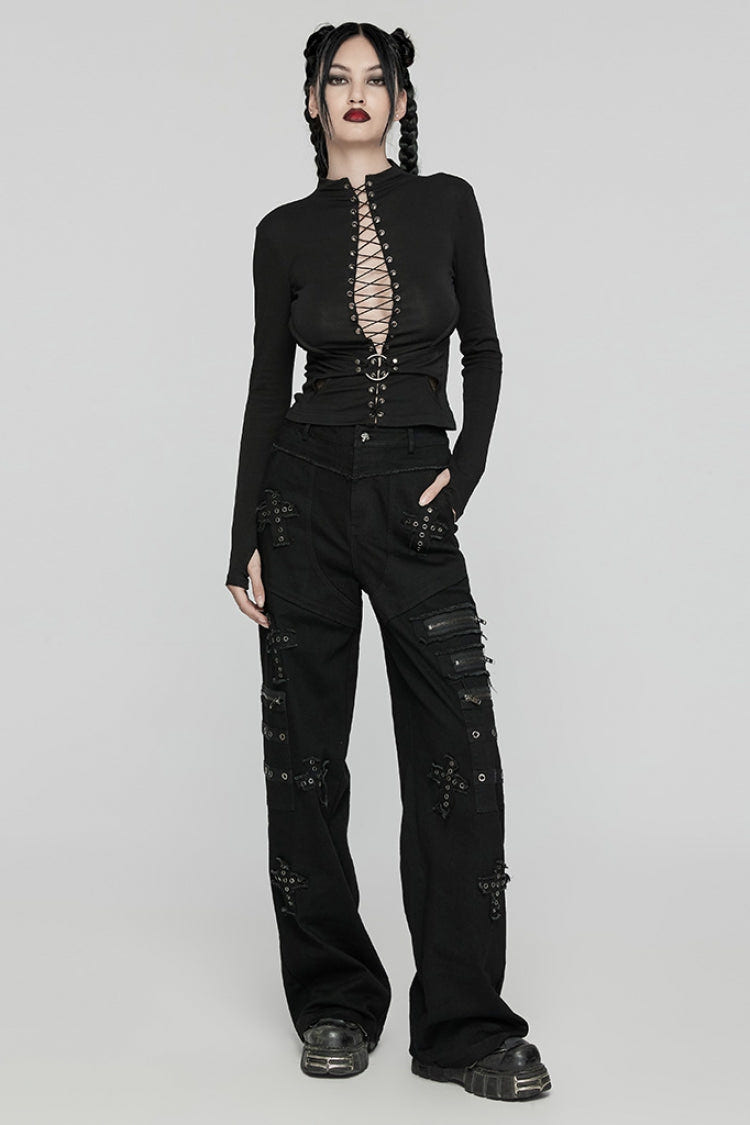 Black Long Sleeves Stitching Lace-Up Mesh Women's Punk Blouse - Product - 4