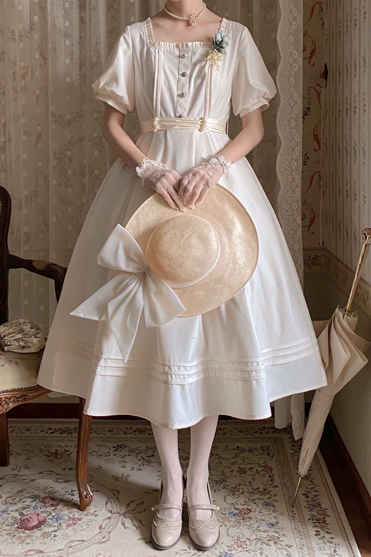 Apricot [Random Thoughts] Square Collar Short Sleeves Ruffle Classic Vintage Elegant Lolita Dress - Product - 3