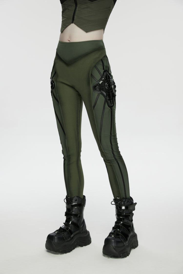 Black/Green Slim Women's Armor-Accentuated Paneled Punk Leggings - Product - 7
