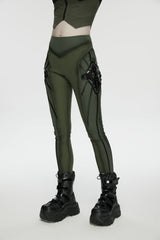 Black/Green Slim Women's Armor-Accentuated Paneled Punk Leggings - Product - 7