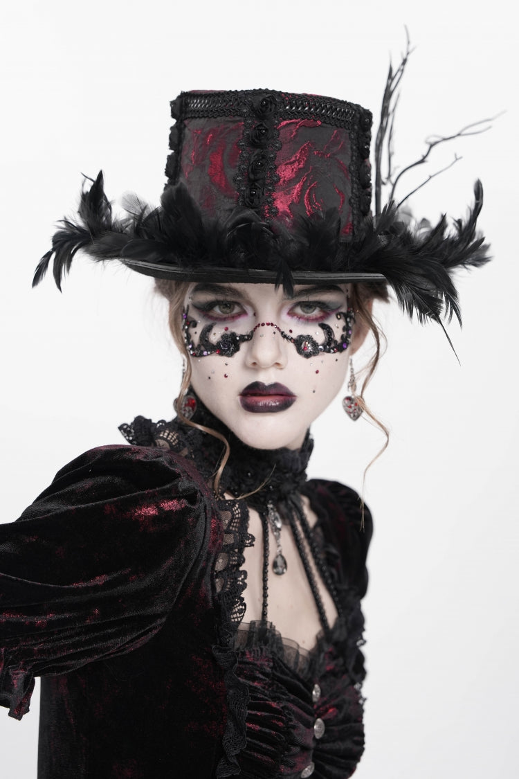 Red Embroidered Women's Gothic Gorgeous Floral Feather Hat - Product - 7