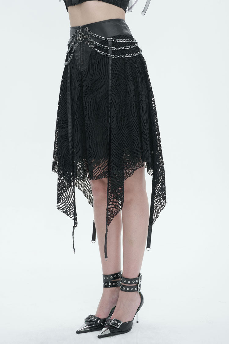 Black Irregular Half Hollow Knit Metal Chain Decorated Women's Punk Skirt - Product - 3